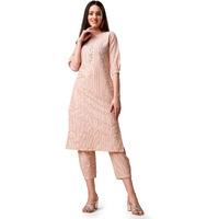 EthnicJunction Cotton Blend Women s Woven Striped Work Straight Kurti & Pant (Bt5-Rangsari-Peach_S_Peach)