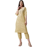 EthnicJunction Cotton Blend Women s Woven Striped Work Straight Kurta & Pant (Bt5-Rangsari-Light Yellow_Large_Light Yellow)