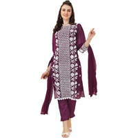 EthnicJunction Women s Lucknowi Chikankari Embroidered Thread Work Georgette Straight Kurta Pant with Dupatta (SKD4-Panel-Wine_2XL_Wine)