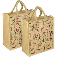 SNDIA Pack of 2 Eco Friendly Reusable Jute Bag, Yoga Printed Jute Bag, Grocery Shopping Bag, Multi-Purpose Bag, Jute Lunch Bag, Sturdy Handle with Zipper Lock (33 * 29 * 12cm)