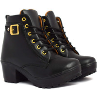 KRAFTER Women Black Buckle Canvas Boots-UK-4