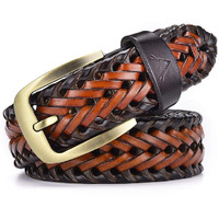 VOGARD Mens Braided Genuine Leather Original Branded Belt | Woven Leather Belt for Casual Pants with Brass Buckle| Micro Adjustable (Dual)
