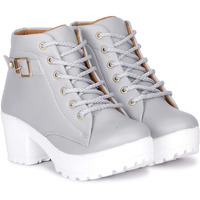 KRAFTER Women s High Ankle Denim Synthetic Leather Casual Boots (Grey Buckle, 7 UK)