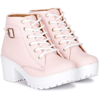KRAFTER Women s High Ankle Denim Synthetic Leather Casual Combat Boots (Pink Buckle, 8 UK)