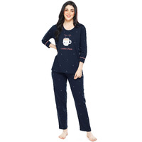 ZEYO Women s Cotton Dot Printed Navy Blue Night Suit set of Top & Pyjama 5281