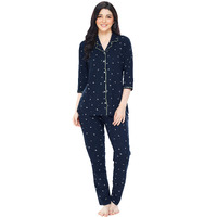 ZEYO Women s Cotton Star Printed Navy Blue Night Suit Shirt & Pajama Set 5271 (Large)