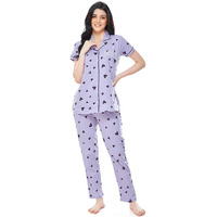 ZEYO Women s Cotton Heart Printed Violetnight Suit Set Of Shirt & Pajama Set 5250 Purple