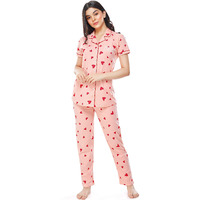 ZEYO Women s Cotton Heart Printed Pink Night Suit Shirt & Pajama Set 5250 (Large)