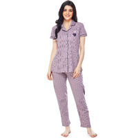 ZEYO Women s Cotton Strip Printed Lavender Night Suit Shirt & Pajama Set 5261 (Large)