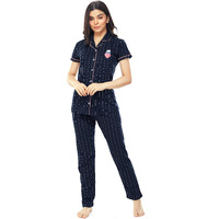 ZEYO Women s Cotton Strip Printed Navy Blue Night Suit Shirt & Pajama Set 5261 (Large)