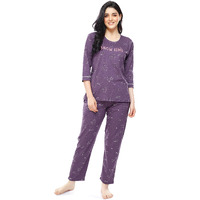 ZEYO Women s Cotton Polar Bear Printed Purple Night Suit set of Top & Pyjama 5287
