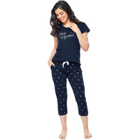 ZEYO Women s Cotton Star Printed Navy BlueNight Suit Set of Top & Capri 5235