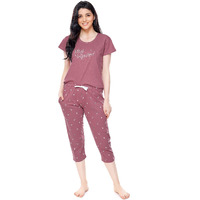 ZEYO Women s Cotton Star Printed Mauve Night Suit Set of Top & Capri 5235
