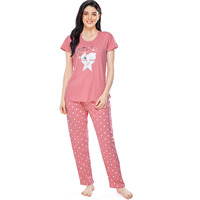 ZEYO Women s Cotton Polka Dot Printed Pink Night Suit Set Of Top & Pajama Set 5292