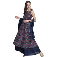Janasya Women s Blue Poly Muslin Embroidered Kurta with Palazzo and Dupatta