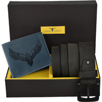 URBAN FOREST Zeke Vintage Blue Leather Wallet & Casual Grey Leather Belt Combo Gift Set for Men