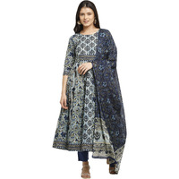 Rajnandini Women s Pure Cambric Cotton Floral Printed A-Line Anarkali Kurta Set With Dupatta (Ready To Wear; Blue; XX-Large)(JOPLVL218-XXL)