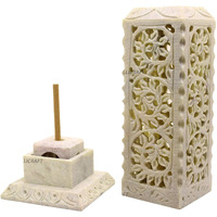 Kc Kullicraft Soapstone Marble Handcrafted Floral Carving Incense Agarbati Stand Holder For Puja With 6 Dhoop Batti