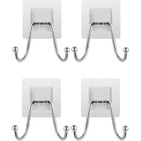 K.K. Villa Hook For Wall Self Adhesive Hooks, Stainless Steel + Abs Adhesive Wall Hanger For Kitchen Bathroom Office Closet - Waterproof,Oilproof No Drill-No Glue Needed (Double Hook, 4)