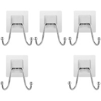 K.K. Villa Hook For Wall Self Adhesive Hooks, Stainless Steel + Abs Adhesive Wall Hanger For Kitchen Bathroom Office Closet - Waterproof,Oilproof No Drill-No Glue Needed (Double Hook, 5)