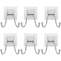 K.K. Villa Hook For Wall Self Adhesive Hooks, Stainless Steel + Abs Adhesive Wall Hanger For Kitchen Bathroom Office Closet - Waterproof,Oilproof No Drill-No Glue Needed (Double Hook, 6)