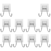 K.K. Villa Hook For Wall Self Adhesive Hooks, Stainless Steel + Abs Adhesive Wall Hanger For Kitchen Bathroom Office Closet - Waterproof,Oilproof No Drill-No Glue Needed (Double Hook, 10)