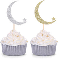 Festiko 20 Pieces Twinkle Twinkle Little Star Cupcake Toppers Decoration Star And Moon Picks - Silver And Gold-Ramadan