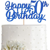FestikoBlue Happy 50Th Birthday Cake Topper, Royal Blue Glitter Cheers To 50 Years Party Cake Decorations, Supply