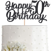 FestikoBlack Happy 50Th Birthday Cake Topper, Black Glitter Cheers To 50 Years Party Cakes Decorations, Supply