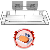 Br Bluerocks - Because Quality Matters Adhesive Shelf For Kitchen Stainless Steel Self Adhesive Chrome Shelf Bathroom Shelves Rack With Adhesive Soap Holder (Large)