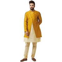Sojanya (Since 1958, Men's Silk Blend Gold Kurta Churidaar Pyjama & Mustard Jacket Combo, Size: 40