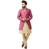 Sojanya (Since 1958, Men's Silk Blend Gold Kurta Churidaar Pyjama & Pink Jacket Combo, Size: 42
