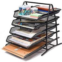 Soldtrue Countertop 5 Tier Mesh Metal Desk Organiser File Rack Letter Tray A4 Papers Documents Holder Desk Organizer For Office-Black, Sliding Shelf