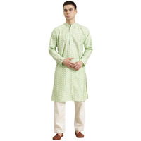 Sojanya (Since 1958, Men's Silk Blend Sea Green Embroidered Only Kurta, Size : 36