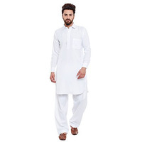 Sojanya (Since 1958, Men's White Cotton Blend Pathani Kurta & Salwar Set, Size: Xl