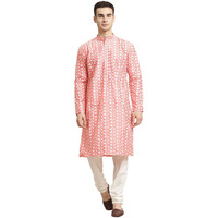 Sojanya (Since 1958, Men's Silk Blend Peach Embroidered Only Kurta, Size: 38