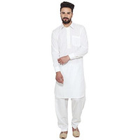 Sojanya (Since 1958, Men's Cream Cotton Blend Pathani Kurta & Salwar Set, Size: M