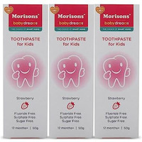 Morisons Baby Dreams Kids Strawberry Flavour Toothpaste 50 Gm (Pack Of 3), Fluoride Free, Sulphate Free & Sugar Free, 12M+
