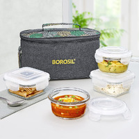 Borosil Foodluck Olive Lunch Boxes Set Of 4 (320 Ml, 240 Ml) With Lunch Bag, Universal (Borosilicate Glass)