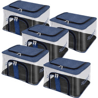 Storite 5 Pack Nylon 33 L Pvc Transparent Moisture Proof Storage Box For Clothes Closet Wardrobe Organizer For Clothes Saree Bags With Carry Handle - (Darkblue, 44 X 31 X 24 Cm)