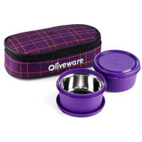 Oliveware Deniz Lunch Box, 2 Inner Steel Containers (450 Ml Each), Leak Proof & Microwave Safe, Insulated Fabric Bag, Full Meal & Easy To Carry (Violet)
