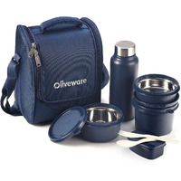 Sopl-Oliveware Teso Lunch Box With Plastic Cutlery, 3 Microwave Safe Inside Steel Containers With Bpa Free Lids (290Ml, 450Ml & 600Ml), Plastic Pickle Box (130Ml), Steel Water Bottle(750Ml) - Blue