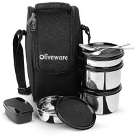Sopl-Oliveware Executive Lunch Box, 100% Leak Proof, 4 Stainless Steel Containers With Bpa Free Lids (2X300Ml & 2X600Ml), Plastic Pickle Box (130Ml), Steel Cutlery, Fabric Bag (Black)