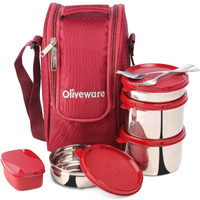 Sopl-Oliveware Executive Lunch Box, 100% Leak Proof, 4 Stainless Steel Containers With Bpa Free Lids (2X300Ml & 2X600Ml), Plastic Pickle Box (130Ml), Steel Cutlery, Fabric Bag (Red)