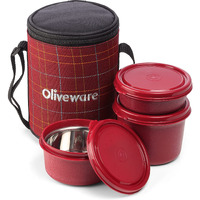 Oliveware Infinite Lunch Box, Microwave Safe & Leak Proof, 3 Inside Steel Containers With Bpa Free Airtight Lids (290Ml, 450Ml & 600Ml), Fabric Bag - Red