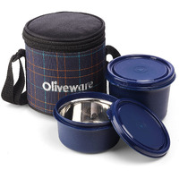 Oliveware Cleo Lunch Box, Microwave Safe & Leak Proof, 2 Inner Steel Containers With Bpa Free Airtight Lids (450Ml & 600Ml), Fabric Bag (Blue)