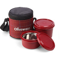 Oliveware Cleo Lunch Box, Microwave Safe & Leak Proof, 2 Inner Steel Containers With Bpa Free Airtight Lids (450Ml & 600Ml), Fabric Bag (Red)