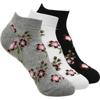 Balenzia Women's Floral Design Low Cut Socks (Free Size) Made With 100% Combed Cotton And Spandex (Multicolour)- Pack Of 3 Socks - Black, White, Light Grey