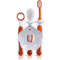 Luvlap Baby Training Manual Toothbrush Set With Anti Choking Shield,Kids Teeth Tongue Cleaner,Baby Oral Hygiene,3 Pcs,(White/Orange)