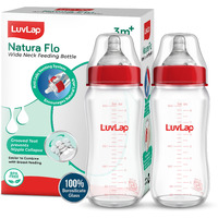 Luvlap Natura Flo Wide Neck Glass Feeding Bottle, New Born/Infants/Toddler Upto 3 Years, Bpa Free, Ergonomic Shape Is Easy To Hold, With Anti Colic Nipple, Pack Of 2, 250Ml